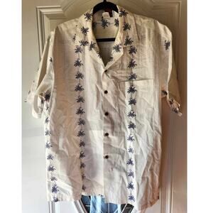 Pacific Legend  Hawaiian Shirt L White Palm Tree Embroidered Aloha Made USA